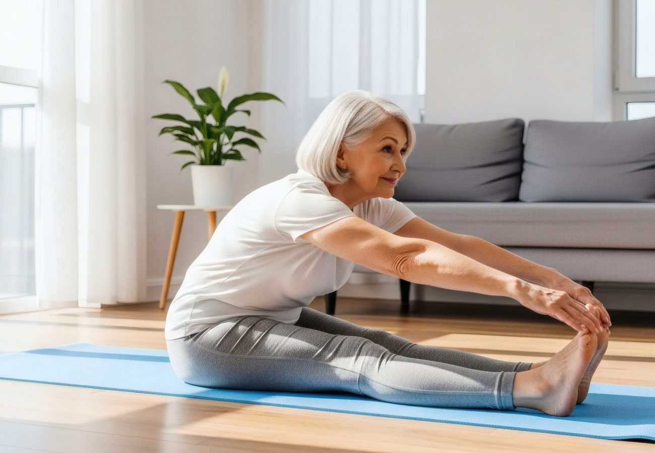Serene senior woman stretching on a yoga mat in her bright home, embodying a commitment to active living and well-being for a healthy, vibrant life